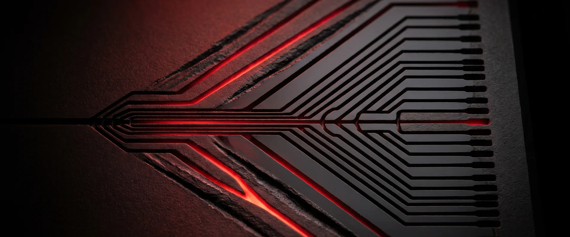 Macro study: a single channel machined into black ceramic branching into many parallel channels, a few filled with glowing red.
