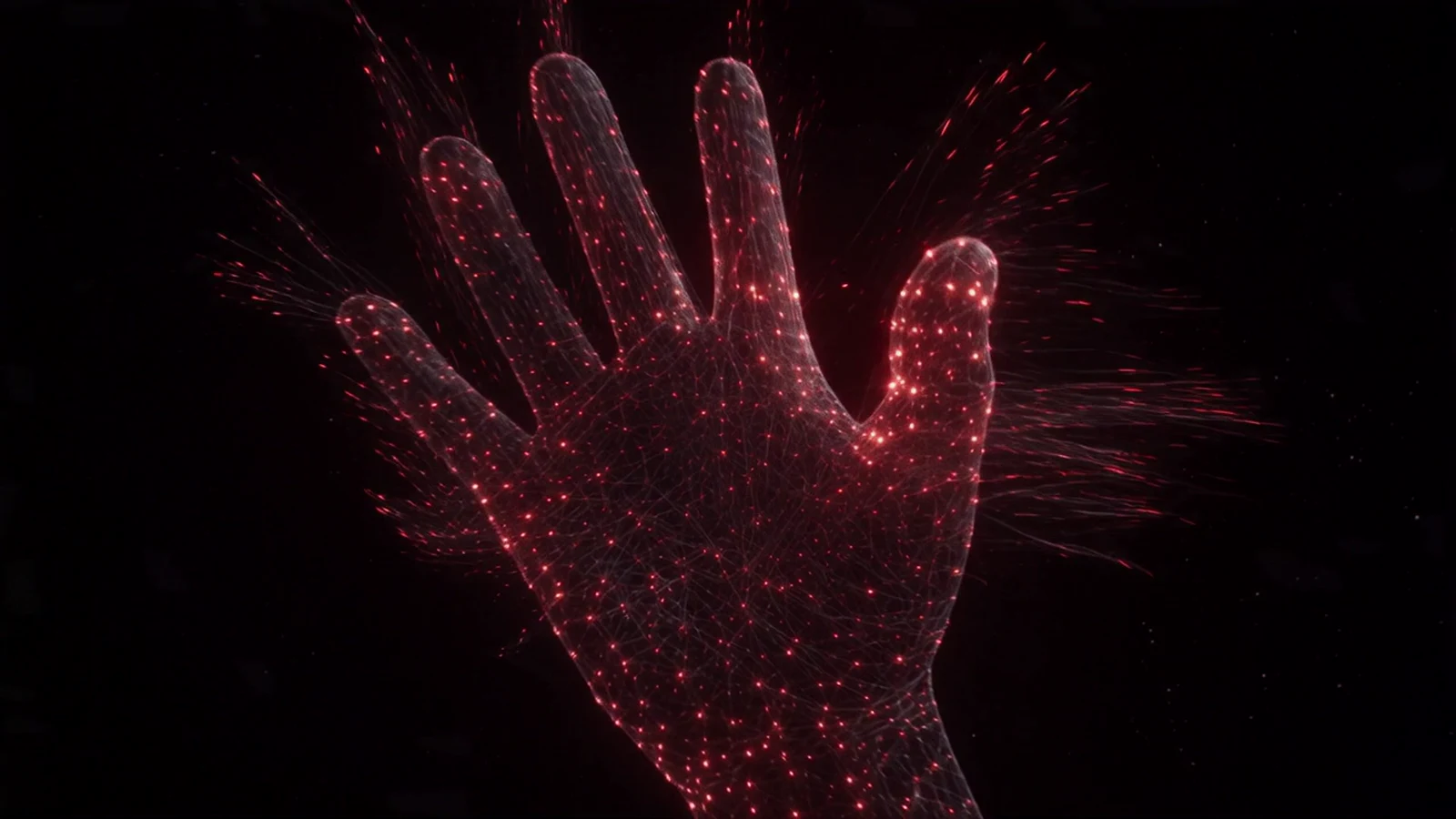 A human hand formed entirely from millions of coordinated red agent points suspended in black space.